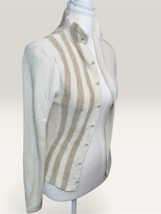 Filet Sweaters - Vintage Funnel Neck Striped Button Up Cardigan Sweater Cream silk/angora